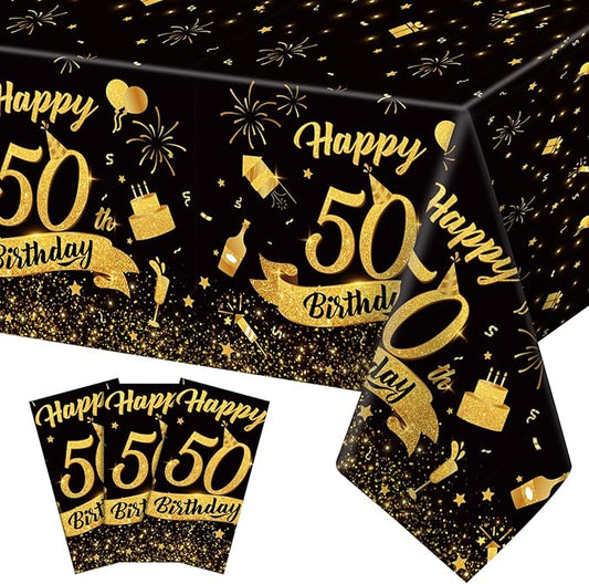 3 Pack 50th Birthday Tablecloth, Plastic Black Gold Table Cloths 50th Birthday Table Cover, Disposable Rectangle Table Cloths for Birthday Party Decorations, 54x108