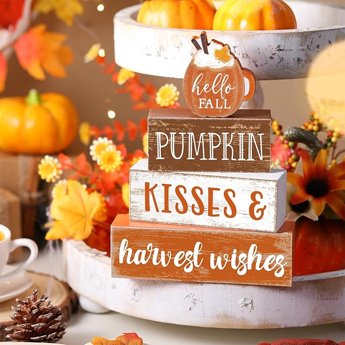 4 Pcs Fall Decor for Home Hello Fall Wooden Signs with Sayings Autumn Thanksgiving Tiered Tray Decor Pumpkin Ice Cream Tabletop Centerpiece Harvest Wishes Block Signs for Office Kitchen Shelf