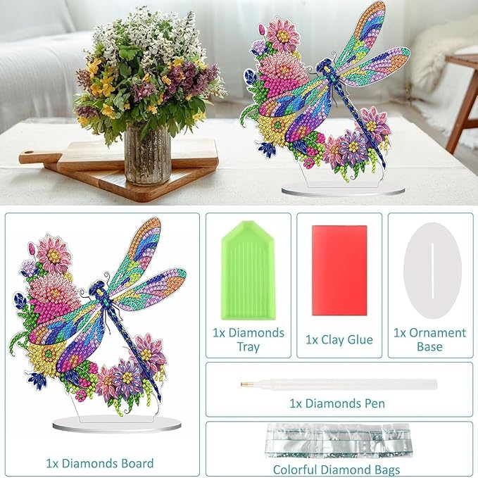 Diamond Painting Kits for Adults Beginners, 5D Full Drill Dragonfly Crystal Art Desktop Ornament, DIY Single Sided Home Office Desk Decor, Creative Craft Gift Set with Tools