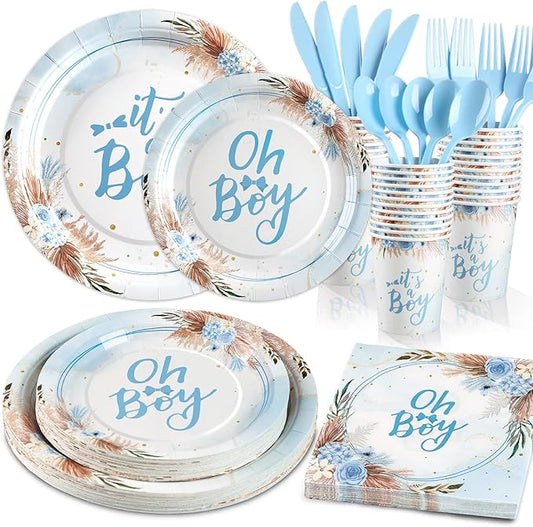 168 Pcs Baby Boy Shower Decorations, Its A Boy Baby Shower Decorations, Blue Baby Shower Plates and Cups and Napkins Sets Serves 24, Boho Fall Oh Baby
