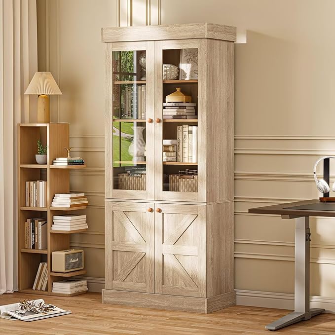 Vyre 71" Tall Farmhouse Bookshelves with Glass Doors and Drawers, Set of 3 – Large Modular Bookcase with Adjustable Shelves, Storage Cabinet for Living Room, Kitchen, Brown