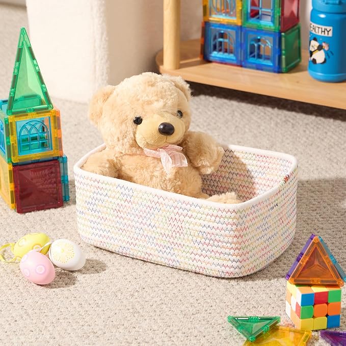 Small Storage Baskets for Organizing | Closet Organizer Bins | Shelf Toy Basket | Woven Rope Baskets | Cube Decorative Box | Shallow Basket | 11.5x7.5x4.7” | 3 Packs Rainbow