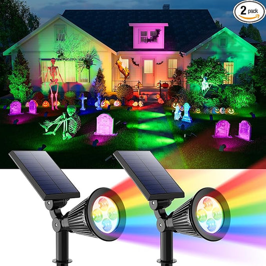 2 Pack Color Changing Solar Spotlights Outdoor for Halloween Decorations, Skeletons, Tombstones, Pumpkin, Waterproof Solar Landscape Spot Lights Uplighting for Outside House, Yard, Garden, Pathway