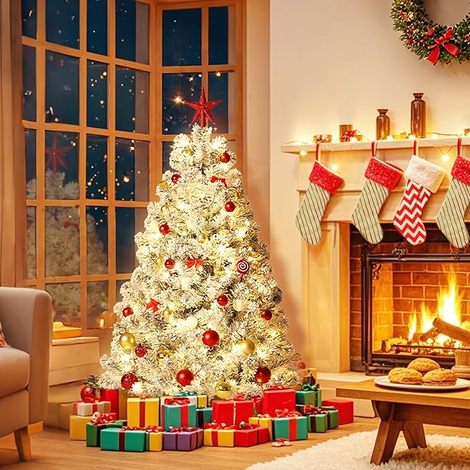 GarveeHome 4.5ft Prelit Artificial Christmas Tree with Warm White Lights, Snow Flocked Full Xmas Tree with 318 Branch Tips, 100 LED Lights & Foldable Stand, Green & White Christmas Decorations