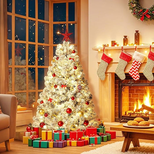 GarveeHome 4.5ft Prelit Artificial Christmas Tree with Warm White Lights, Snow Flocked Full Xmas Tree with 318 Branch Tips, 100 LED Lights & Foldable Stand, Green & White Christmas Decorations