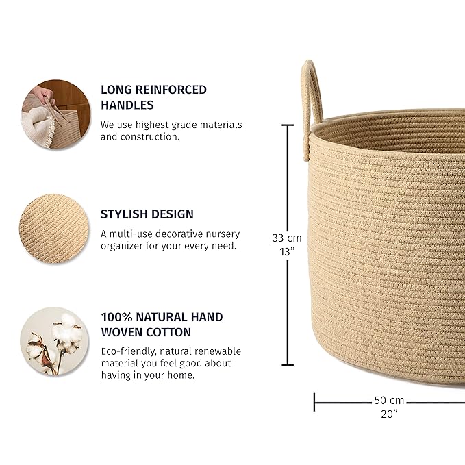 OrganiHaus Large Laundry Basket, Woven Cotton Rope Basket for Blankets, Toy Storage, Nursery Hamper, Living Room Decor Organizer, Soft & Durable Hamper with Handles, 20x13 inches - Honey