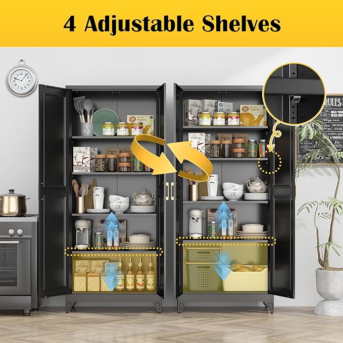 Kitchen Pantry Cabinet,75”Black Metal Storage Cabinets with Doors and 4 Adjustable Shelves,Kitchen Cabinet with 2 Gold Handles,Tall Cabinet for Livingroom, Bathroom