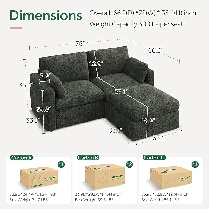 HONBAY Modular Sectional Couch with Storage Ottoman, Sectional Sofa with Storage Seats, L Shaped Sectional Couches for Living Room, Green