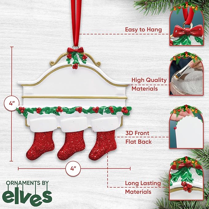 3D White Mantle Family of 3 Christmas Ornament 2025 Personalized Family Christmas Ornaments 2025 | Garland Fireplace Personalized Tree Ornaments Customizable Gifts Red Stockings of Three Ornament