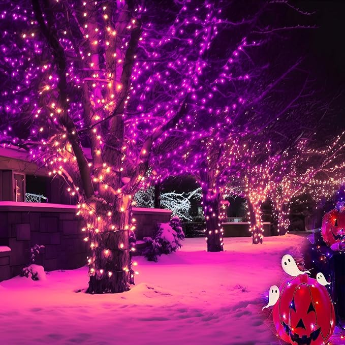 4-Pack Solar String Lights,156Ft Extra-Long 400 LED Waterproof Solar Halloween Lights, 8 Modes for Garden, Patio, Wedding (Purple & Orange)