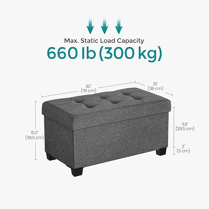 SONGMICS Storage Ottoman Bench, Foldable Foot Rest with Legs, 15 x 30 x 15.2 Inches, End of Bed Bench, Storage Chest, Load up to 660 lb, for Living Room, Bedroom, Entryway, Slate Gray ULSF16GYZ