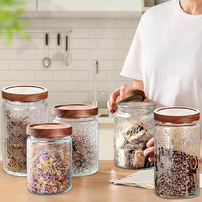Vintage Glass Jars with Wooden Lids, 4 Pack 24 oz Airtight Glass Food Storage Containers Sets for the Kitchen, Sugar Coffee Candy Spice Cookie Tea Pasta