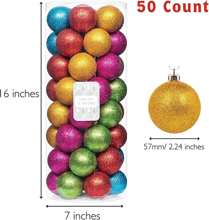 Every Day is Christmas Ornaments, Shatterproof Christmas Tree Ornament Set, Christmas Balls Decoration 50 Count (2.24"/57mm, Glitter Rainbow)