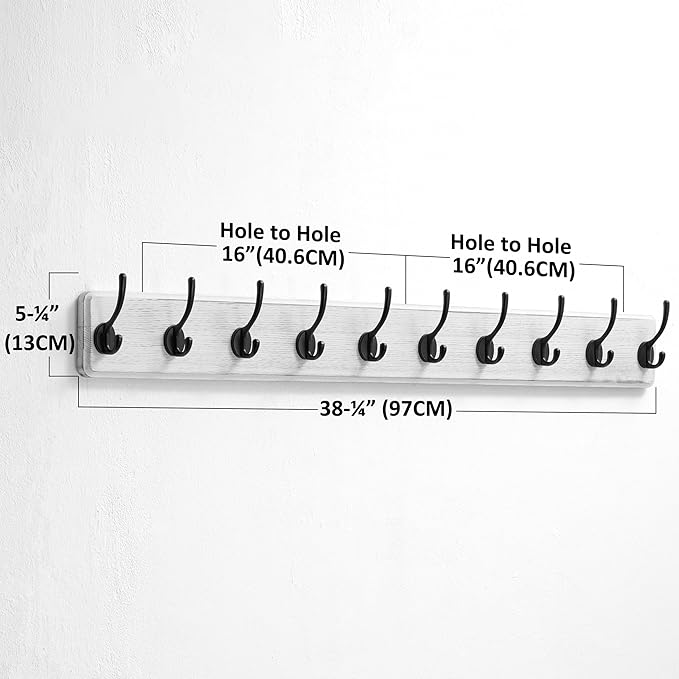 Dseap Coat Rack Wall Mount: 38-1/4" Long, Patented, Heavy-Duty, 10-Double-Hooks Wooden Hanger Rail for Winter Coats Hat Jacket Clothing, White & Black
