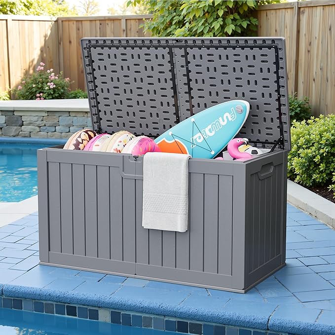 JUMMICO 250 Gallon Outdoor Resin Deck Box with Divider, Waterproof Storage Box with Lockable Lid&Side Handles for Garden Tools, Pools Supplies (Gray)