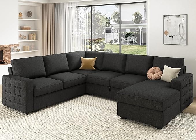 HONBAY Sectional Couch with Pull Out Bed, Sectional Sleeper Sofa with Storage, U Shape Couches for Living Room, Dark Grey