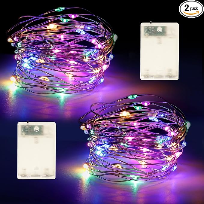 Fairy Lights Battery Operated String Lights 16.4ft 50LED Flashing and Constant Light Waterproof Silver Wire for Christmas DIY Party Bedroom Wedding (Multicolor, 2 Pack)