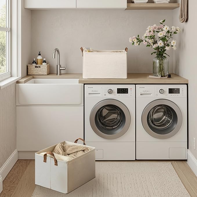 StorageWorks Storage Bins, Shelves Baskets for Organizing, 45L Extra Large Fabric Closet Organizers with Handles, Metal Frame, Beige（Cotton-linen）, 2-Pack