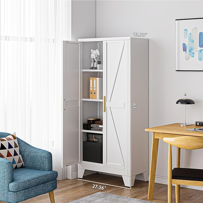 61" Tall Farmhouse Metal Pantry Cabinet, Kitchen Pantry Storage Cabinets with 2 Barn Door and Adjustable Shelves,Metal Pantry Storage Cabinet,for Kitchen,Laundry Room,Home Office,Kids Room (White)