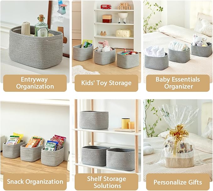 Small Baskets Set of 3 - 11"x7"x7" Perfect Toy Baskets for Storage, Ideal Storage Basket for Cube, Towels, and More - Basket for Shelves （Grey