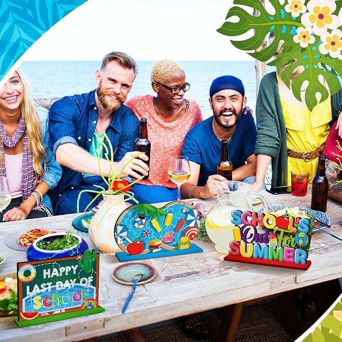 6 Pcs Hello Summer Table Decoration Happy Last Day of School Table Sign School's out of Summer Vacation Pool Wooden Tabletop Centerpieces for Holiday Party Supplies Home Decor