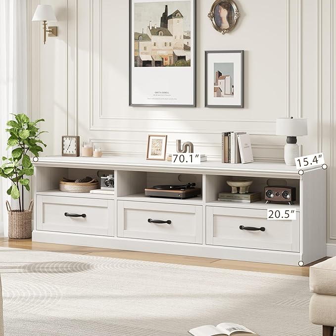 IDEALHOUSE 70in TV Stand for TVs up to 80", Mid Century Modern Entertainment Center with Storage Drawer and Open Shelves, TV Console Media Cabinet for Living Room, Bedroom, Antique White