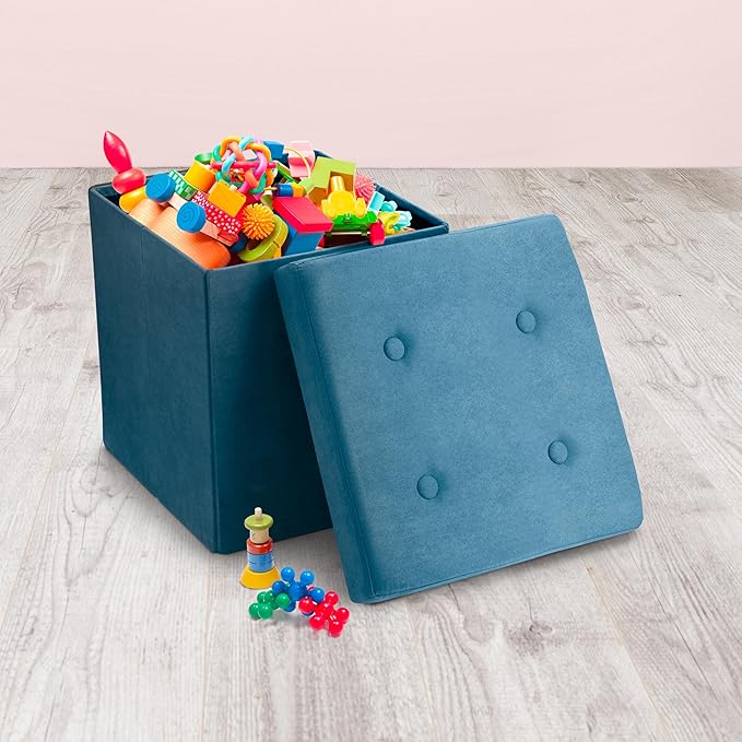 Sorbus Folding Ottoman - Foot Rest Cube, Bedroom Bench, Coffee Table, Shoe Storage, Foot Stool, Pouf - Teal Blue Suede Velvet