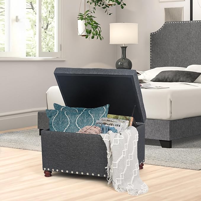 Joveco Storage Ottoman Linen Tufted Bench with Rivet, Rectangular Footrest Stool Coffee Table Seat for Living Room Bedroom, Grey