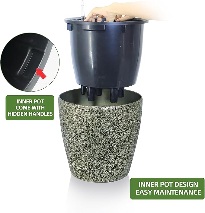Dexceder 18x17 Self Watering Planter with Wheels Indoor Outdoor, Inner Pot Design, Thickened Large Floor Standing Flower Plant Pot with Water Level Indicator (Black Gold Crackle)