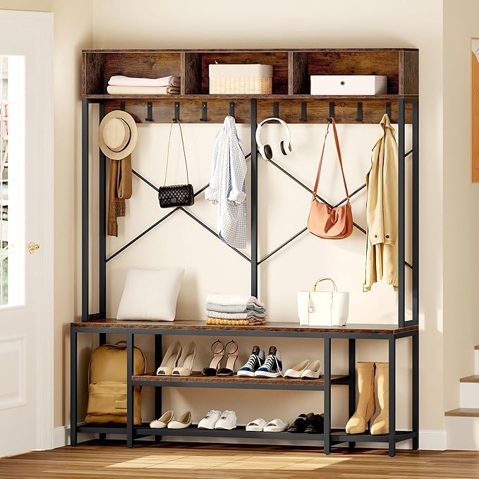 YITAHOME Entryway Bench with Coat Rack, 5-in-1 Hall Tree with Shoes Storage, Industrial Freestanding Coat Rack Shoe Bench with Storage Shelves, 10 Hooks for Hallway, Bedroom, Rustic Brown