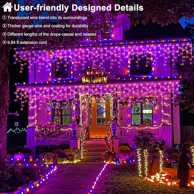66ft Halloween Lights Outdoor, 640 LED Icicle Lights for Outside, Orange and Purple Twinkle Lights with Connectable Clear Wire 8 Modes Timer Waterproof for House Party Tree Holiday Yard Decorations