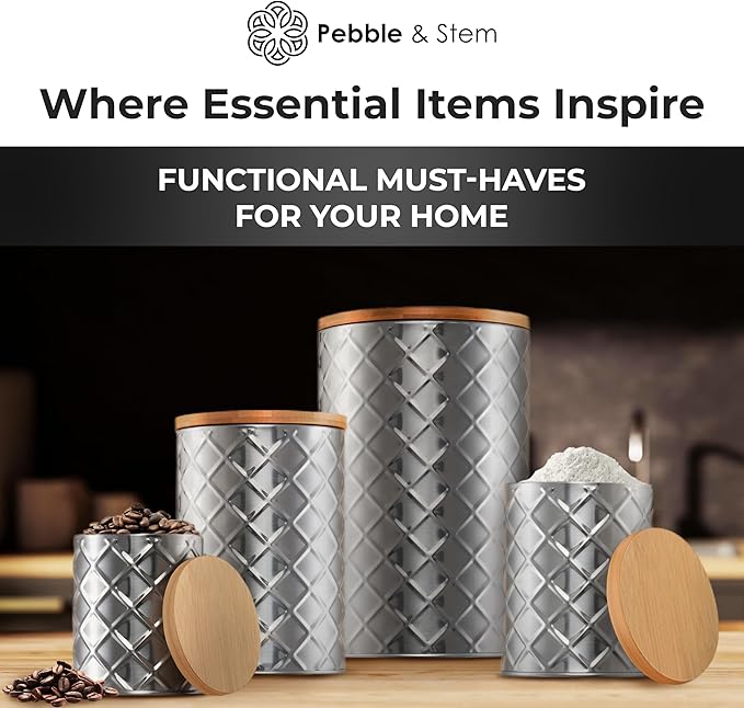 Pebble & Stem® Silver Stainless Steel Canister Set for Kitchen Counter, Food-Grade Canister Set of 4, Airtight Lids, Sugar and Flour Containers for Countertop, Coffee and Tea Storage, Farmhouse Decor