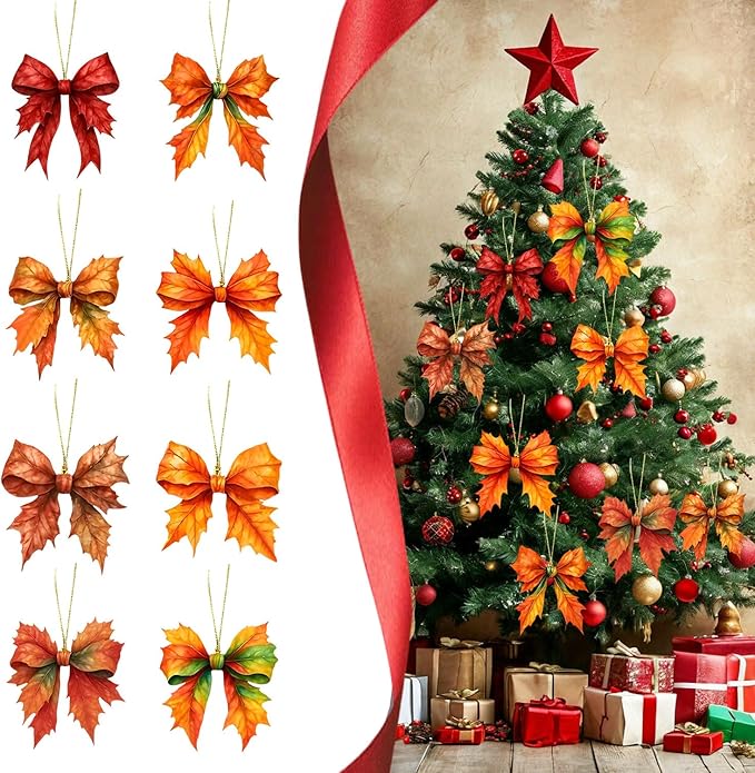 Fall Thanksgiving Hanging Ornament,9 Pcs Cute Bow Shaped Maple Leaf Acrylic Pendant, Funny Cartoon Christmas Tree Ornaments Decorationfor Tree Mini Autumn Leaf Decorations Indoor Outdoo