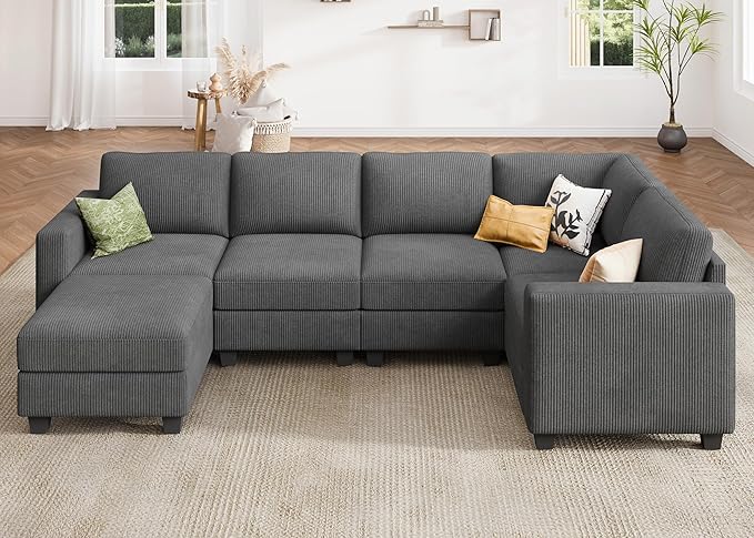 HONBAY U-Shaped Corduroy Sectional Couch with 6 Seaters Modular Sectional Sofa with Storage Sectional Couches for Living Room, Dark Gray