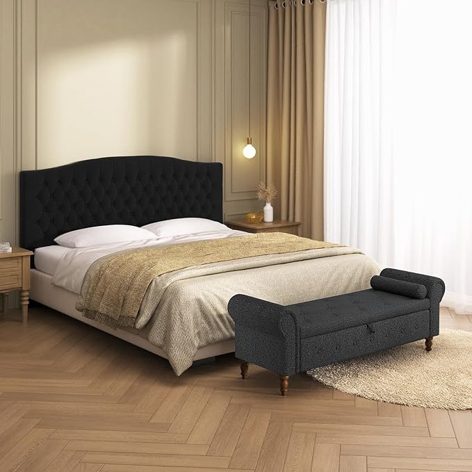 Storage Ottoman Bench for Bedroom, 63" End of Bed Bench with Rolled Arms Upholstered Ottoman Bench Fit for Bedroom, Living Room, Entryway, Linen Dark Gray