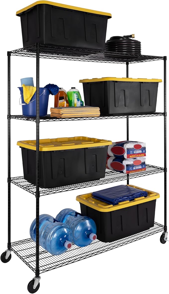 Seville Classics UltraDurable Heavy Duty NSF Solid Steel Wire Rack Storage Unit, Organizer for Garage, Warehouse, Office, Restaurant, Classroom, Kitchen, Black, 4-Tier Shelving, 60" W x 24" D