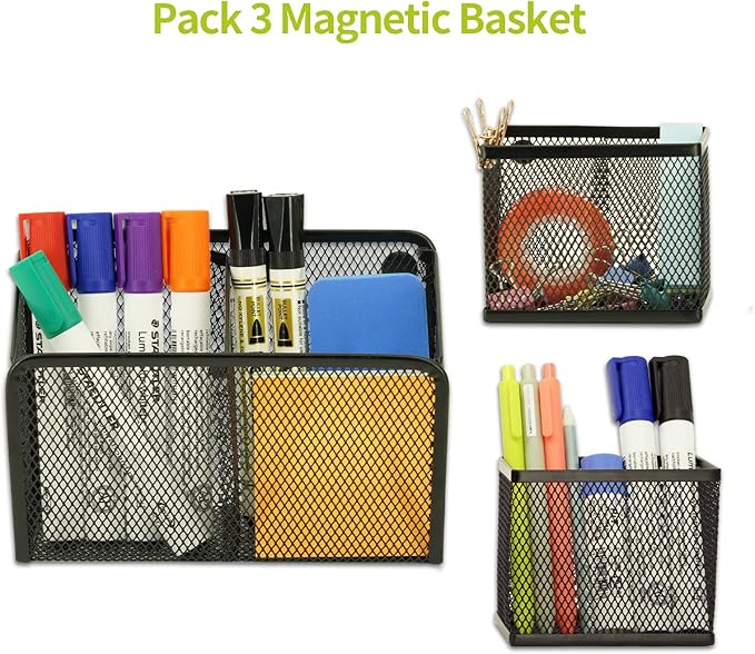 Neudeco Locker Shelf Organizer, Magnetic Pencil Holder, Metal Storage Basket for Whiteboard, Refrigerator, Ideal Cabinet for School, Black (Pack 3L)