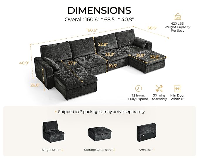 Oversized Modular Sofa Comfy Cloud Couch with Storage, Extra Deep Plush Sectional Sofa Set for Living Room, Covers Washable, Chenille, Olar (Black, 6-Seater with 2 Ottomans, u-Shaped)