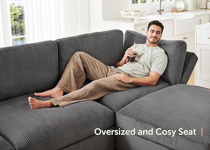 HONBAY Modular Sectional Sofa with Storage Corduroy U Shaped Sofa Modular Sectional Couches for Living Room,Dark Grey