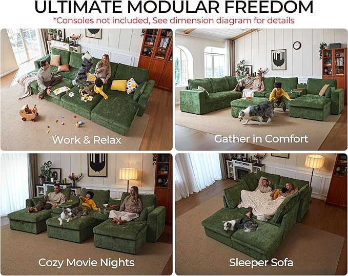 Oversized Modular Sofa Comfy Cloud Couch with Storage, Extra Deep Plush Sectional Sofa Set for Living Room, Covers Washable, Chenille, Olar (Green, 6-Seater with 3 Ottomans, Sleeper)