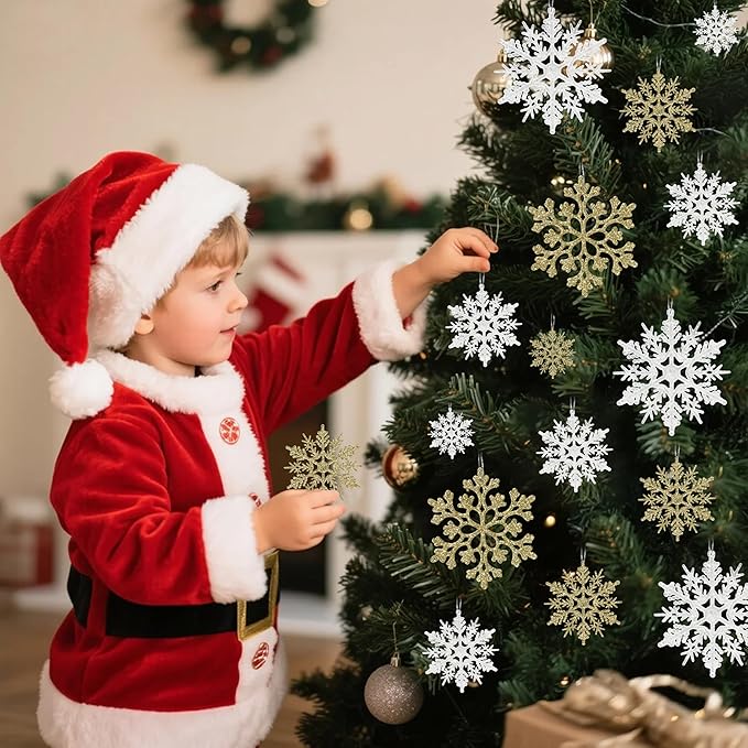 36pcs Snowflakes-Christmas Tree Decorations, Snowflake Ornaments for Tree, Plastic Glitter White Gold Snow Flakes Ornaments, Christmas Indoor Winter Wonderland Frozen Birthday Party Holiday Home Decor