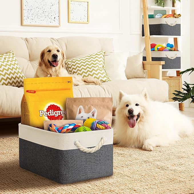 SIMPLE HOUSEWARE Large Fabric Storage Bin, 15.7" x 12" with Braided Handles, 3 Pack, Dark Gray