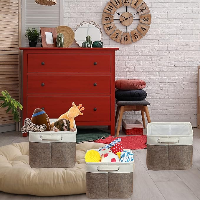 SIMPLE HOUSEWARE Large Fabric Storage Bin, 14.4" x 10" with Handles, 3-Pack, Foldable Organizer for Closet and Shelf, Brown