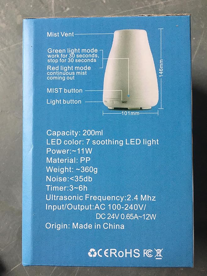 Diffuserlove Essential Oil Diffuser 200ML Aroma Diffuser Mist Humidifiers with 7 Color LED Lights, Auto Shut-Off Function for Bedroom Office Room House
