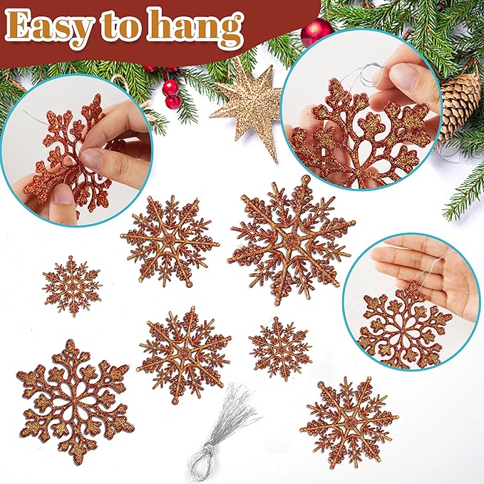 36pcs Snowflakes-Christmas Tree Decorations, Snowflake Ornaments for Tree, Plastic Glitter Red Gold Snow Flakes Ornaments, Christmas Indoor Winter Wonderland Frozen Birthday Party Holiday Home Decor