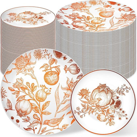 Fall Thanksgiving Disposable Plastic Plates Set for Guests Wildflower Pomegranate Chinoiserie Embossed Vintage Dessert Tableware for Autumn Wedding Party Dinnerware Supplies(80 Pcs)