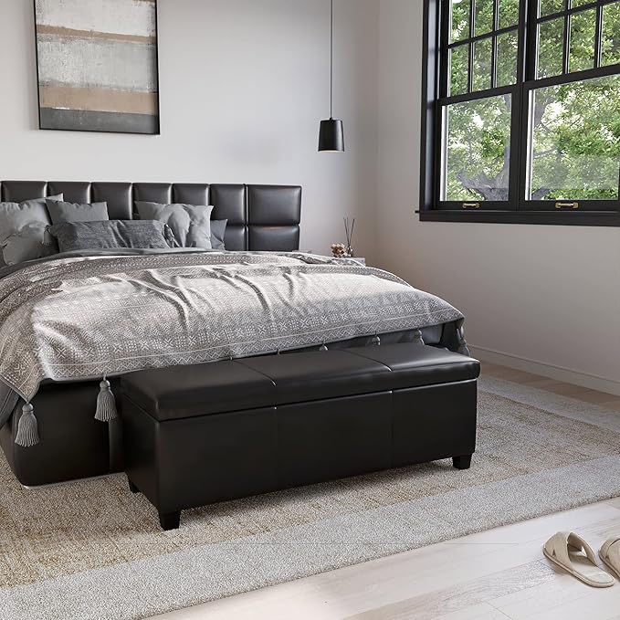 BELLEZE 47 Inch Storage Ottoman, Faux Leather Storage Bench Bedroom Bench with Safety Close Hinge, Ottoman with Storage for Living Room, Entryway, Hallway, Foot Rest, Support 300lbs - Black