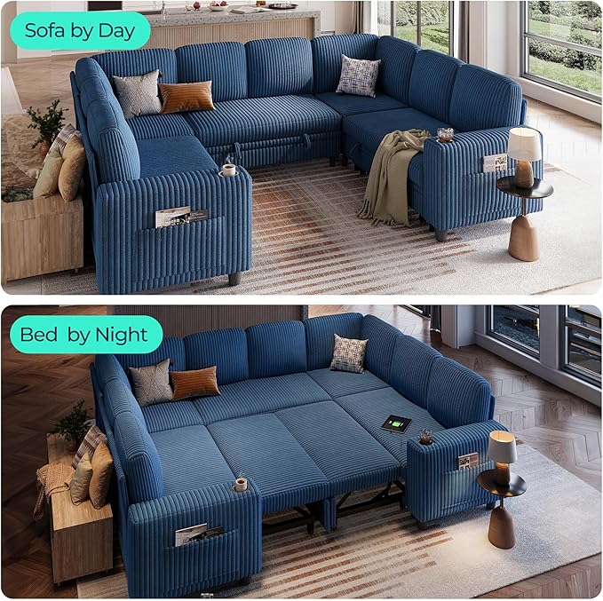 LINSY HOME Sectional Sleeper Sofa with Pull Out Couch Bed - Convertible Plush Corduroy Cloud Couch with Storage Chaise & USB Charging, Comfy Modular Couches for Living Room, Blue