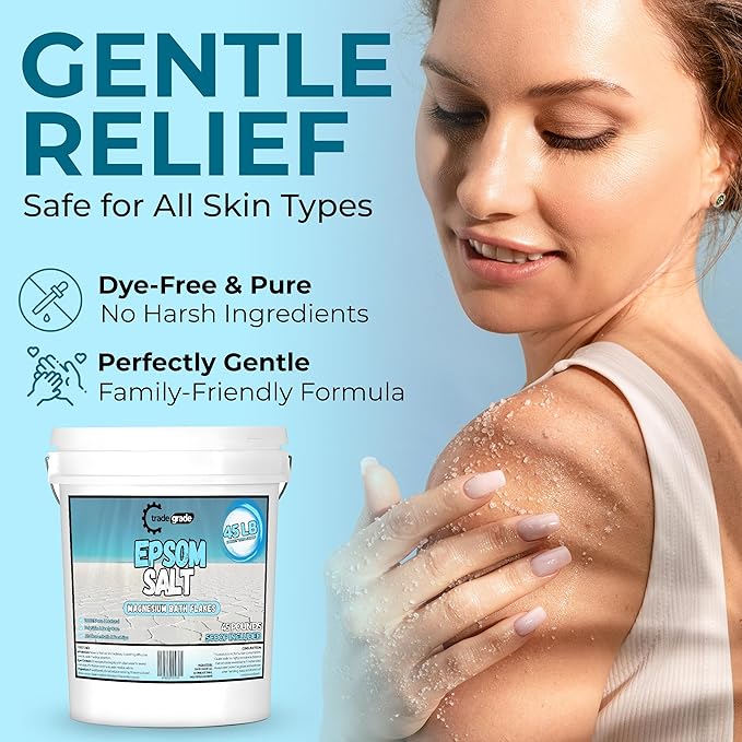 Epsom Salt Bath Soak 45 lb Bucket – Unscented, Pure Epsom Salt Bulk Crystals, Magnesium Sulfate for Full Body or Foot Soaks, Resealable Container with Scoop for Home Bath Use