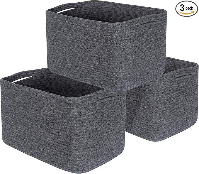 MINTWOOD Design 3-Pack Decorative Woven Storage Baskets for Shelves, Cube Bin Box for Organizing Books, Shoes, Dog Toys, Pantry Closet and Living Room Organizer, Charcoal Gray
